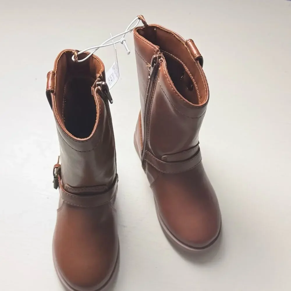 Old Navy Girls Brown Leather Boots with Buckle and SideZippers Sz 9